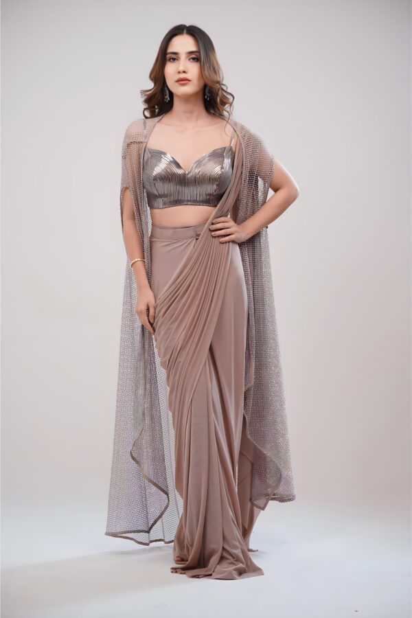 Lycra Draped Saree With Leather Stripped Top and Italian Net Cape