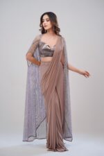 Lycra Draped Saree With Leather Stripped Top and Italian Net Cape