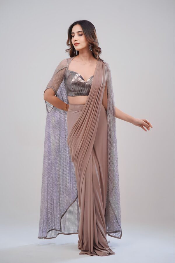 Lycra Draped Saree With Leather Stripped Top and Italian Net Cape