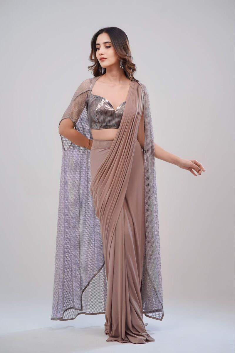 Lycra Draped Saree With Leather Stripped Top and Italian Net Cape