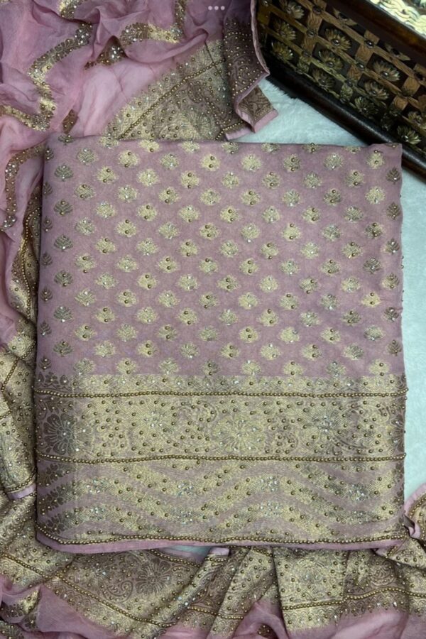 Metallic Hued Jamdani Unstitched Suit Adorned with Gold Pearls