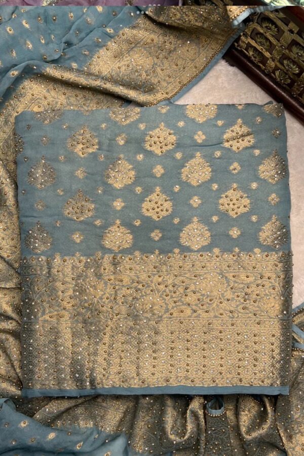 Metallic Hued Jamdani Unstitched Suit Adorned with Gold Pearls