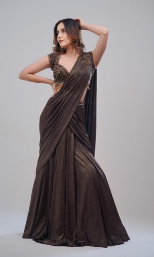 Golden Brown Lehenga Cum Saree With Strapy Top