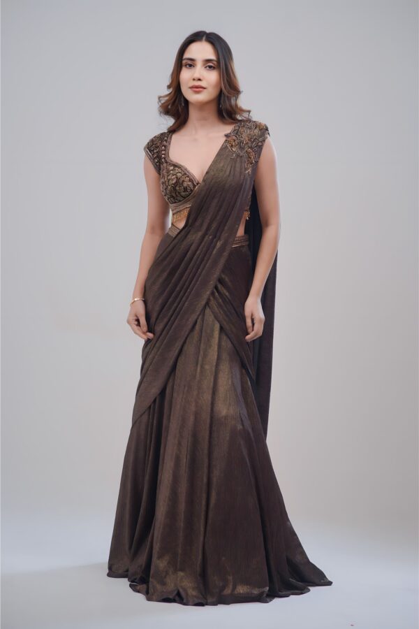 Golden Brown Lehenga Cum Saree With Strapy Top