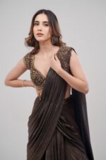 Golden Brown Lehenga Cum Saree With Strapy Top