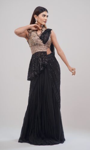 Black Indo Western with Golden Hand Stitched York and Drape