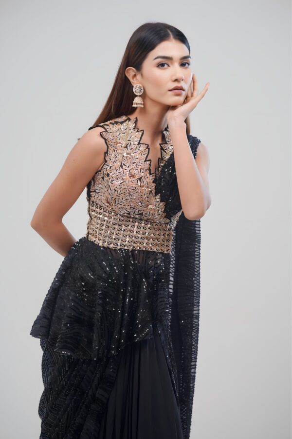Black Indo Western with Golden Hand Stitched York and Drape