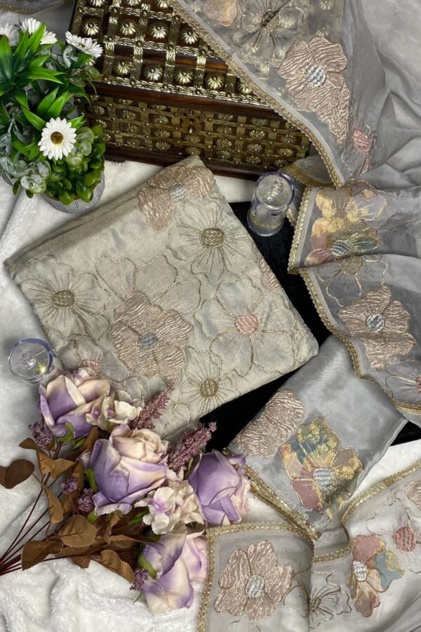 Tissue Sheer Organza Highlighted with Golden Dori Unstitched Pakistani Suit