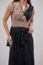 Black Indo Western with Golden Hand Stitched York and Drape