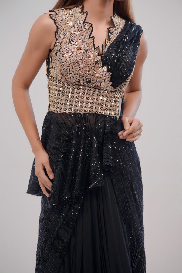 Black Indo Western with Golden Hand Stitched York and Drape