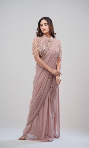 Georgette Drape Saree with Handcrafted Beaded Halter Neck  Blouse