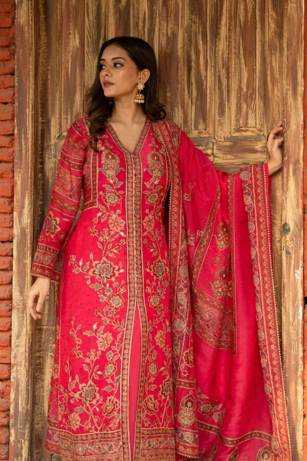 Hot Pink Achkan Style Plazo Suit With Odhani Dupatta