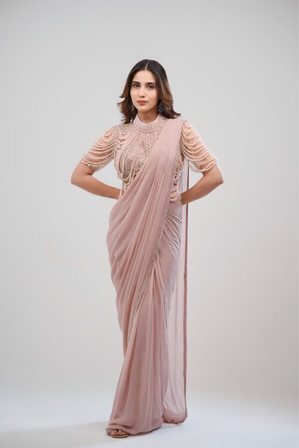 Georgette Drape Saree with Handcrafted Beaded Halter Neck  Blouse