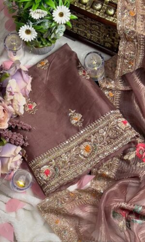 Onion Coloured Pure Organza Unstitched Party Wear Suit