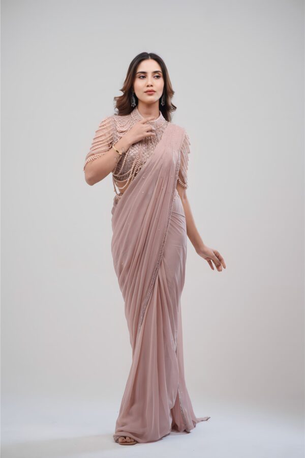 Georgette Drape Saree with Handcrafted Beaded Halter Neck  Blouse