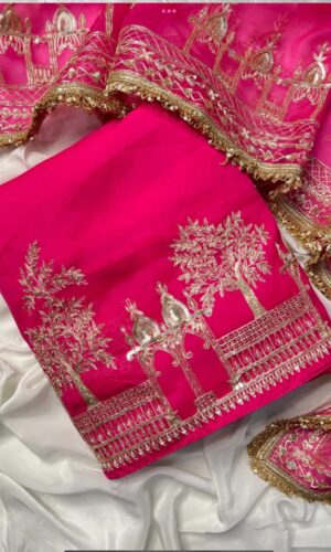 Rani Pink Unstitched Pakistani Suit Adorned with Golden Zari