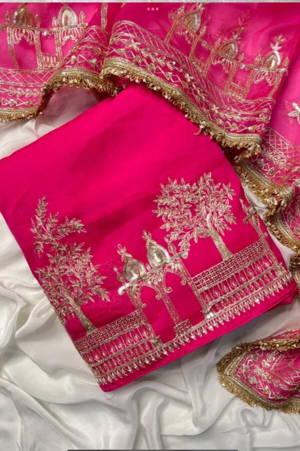 Rani Pink Unstitched Pakistani Suit Adorned with Golden Zari
