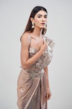 Golden Peach Saree With Floral Leather Strip Craftsmanship