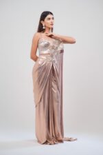 Golden Peach Saree With Floral Leather Strip Craftsmanship