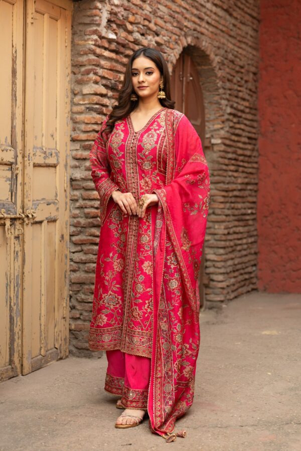 Hot Pink Achkan Style Plazo Suit With Odhani Dupatta