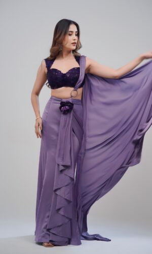 Purple Girly Saree With Strapy Blouse And Hand stitched Sequin Top