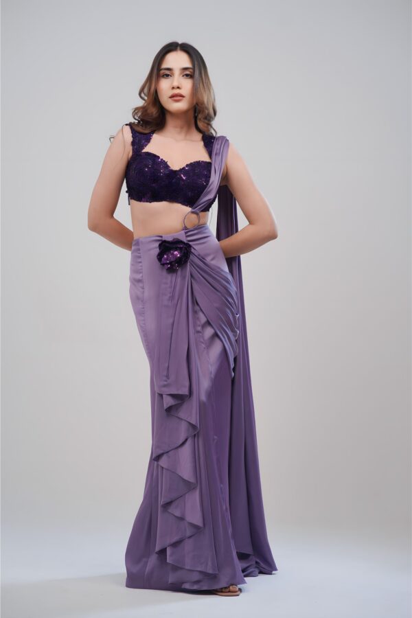 Purple Girly Saree With Strapy Blouse And Hand stitched Sequin Top