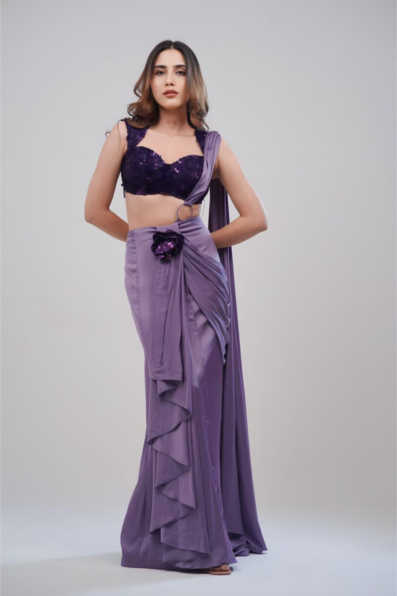 Purple Girly Saree With Strapy Blouse And Hand stitched Sequin Top