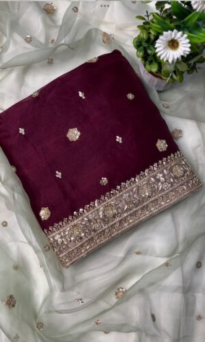 Bright Maroon Handcrafted Unstitched Suit with Contrasting Dupatta