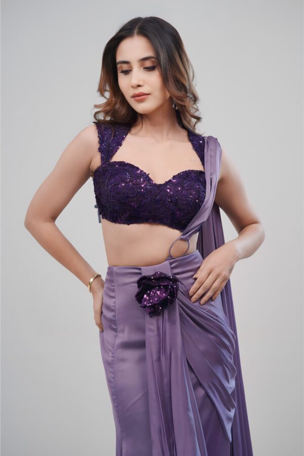 Purple Girly Saree With Strapy Blouse And Hand stitched Sequin Top