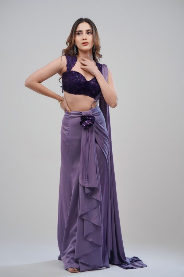 Purple Girly Saree With Strapy Blouse And Hand stitched Sequin Top