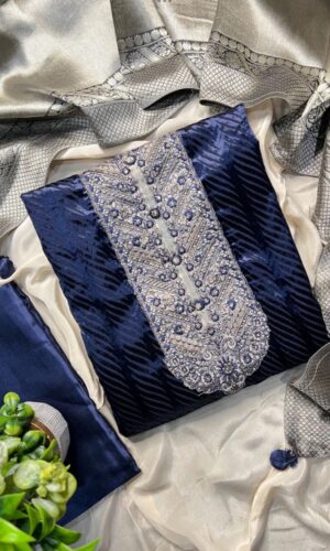 Blue and copper brown shades of Unstiched pakistani suit