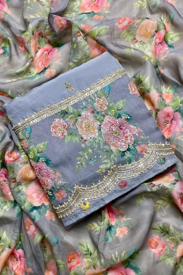 Soft Hued Unstitched Party Wear Suit Adorned with Floral Prints