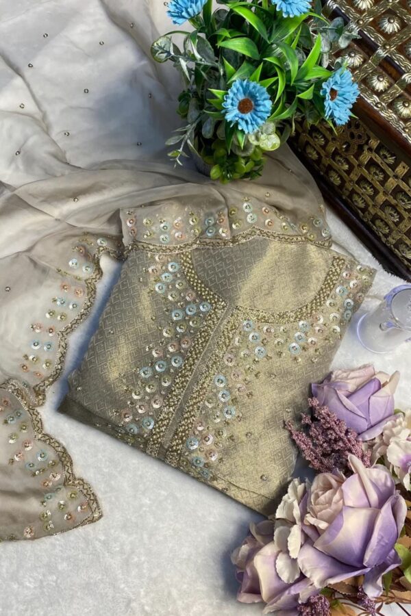 Banaras Tissue with Hand Stitched Sequin Work  Unstitched Party Suit