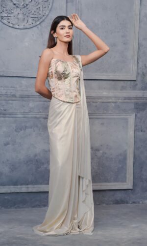 Opulent Gold Ivory Corset Saree With Underbust Blouse