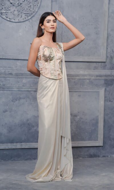 Opulent Gold Ivory Corset Saree With Underbust Blouse