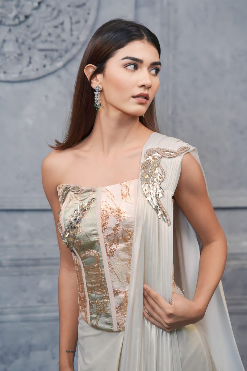 Opulent Gold Ivory Corset Saree With Underbust Blouse