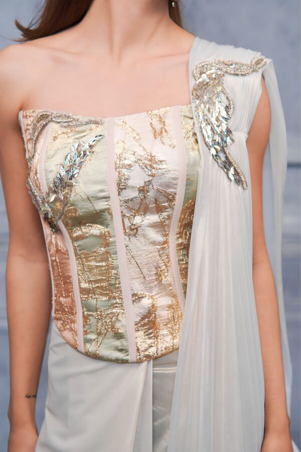 Opulent Gold Ivory Corset Saree With Underbust Blouse