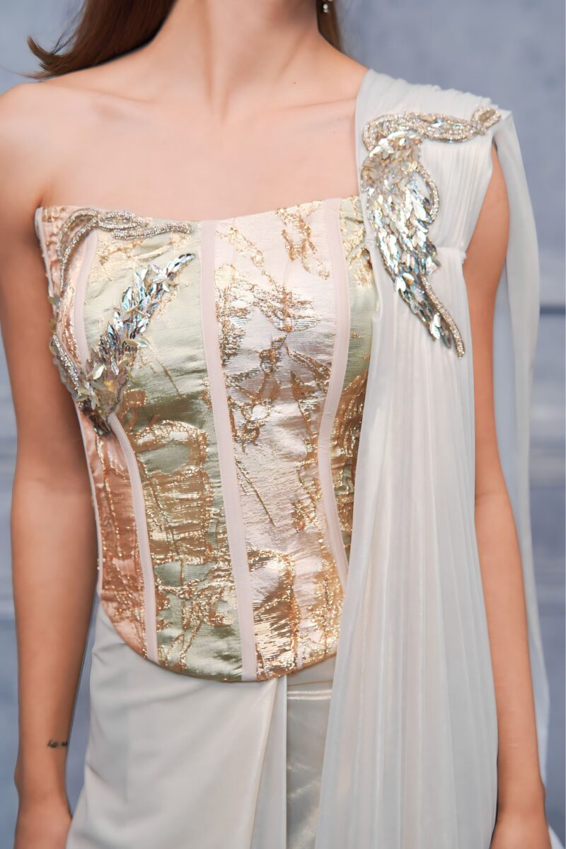 Opulent Gold Ivory Corset Saree With Underbust Blouse