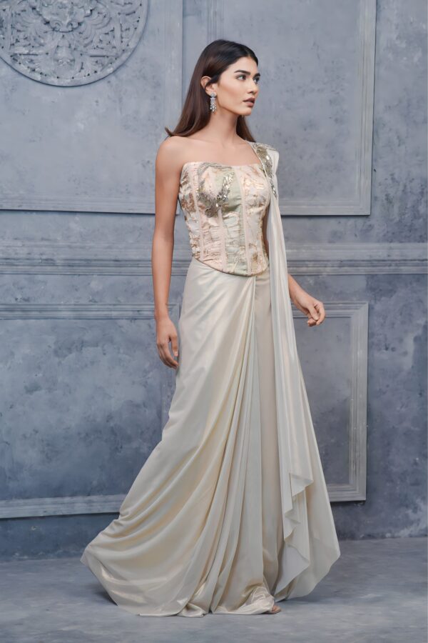 Opulent Gold Ivory Corset Saree With Underbust Blouse
