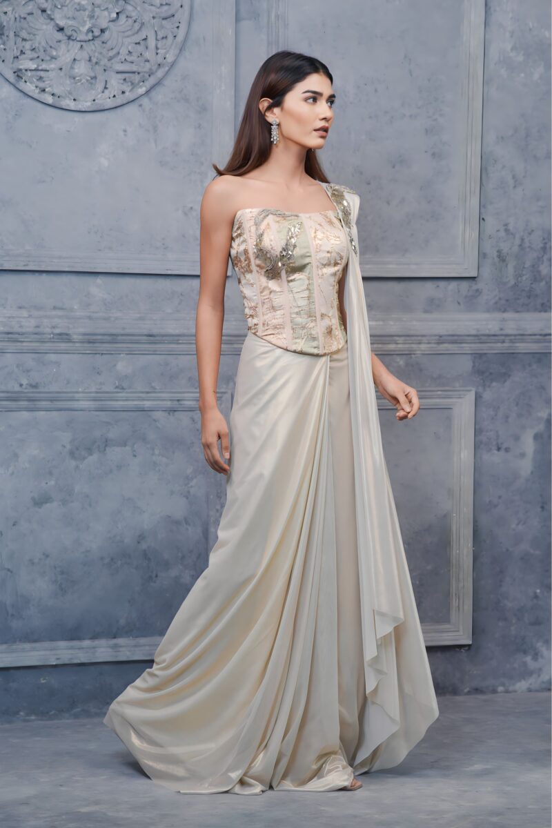 Opulent Gold Ivory Corset Saree With Underbust Blouse