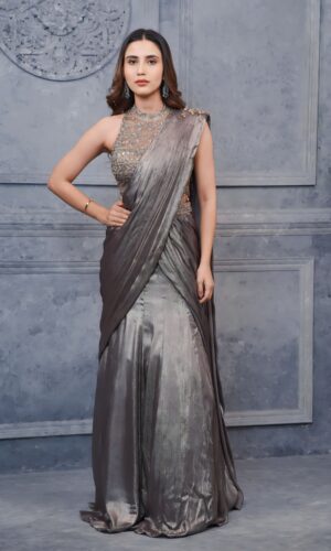 Sheer Grey Lehenga Cum Saree with Hand stitched Halter Neck Blouse