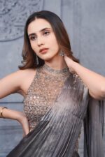 Sheer Grey Lehenga Cum Saree with Hand stitched Halter Neck Blouse