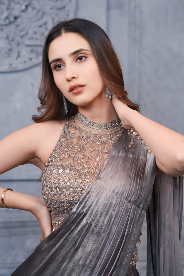 Sheer Grey Lehenga Cum Saree with Hand stitched Halter Neck Blouse