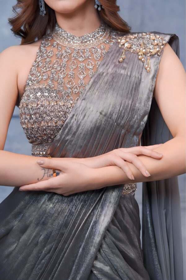 Sheer Grey Lehenga Cum Saree with Hand stitched Halter Neck Blouse