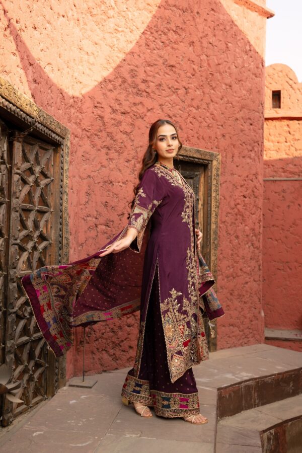 Purple Achkan Style Plazo Suit With Digital Prints And Dupatta