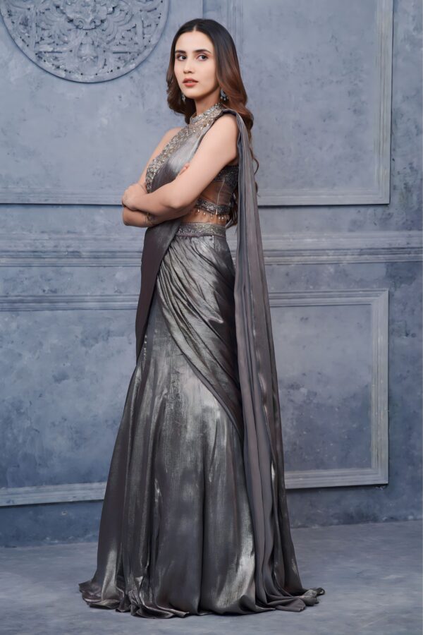 Sheer Grey Lehenga Cum Saree with Hand stitched Halter Neck Blouse