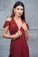 Bold Maroon Saree With Off Shoulder Glam