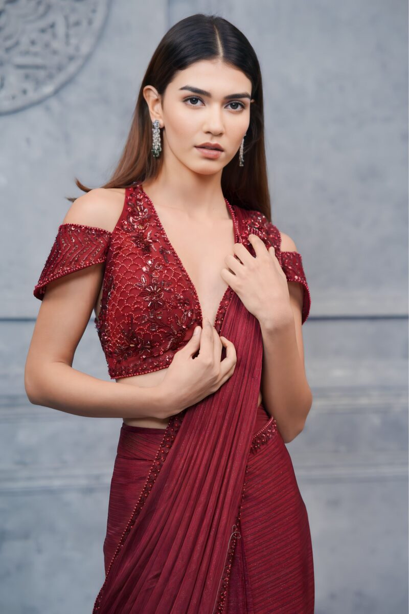 Bold Maroon Saree With Off Shoulder Glam