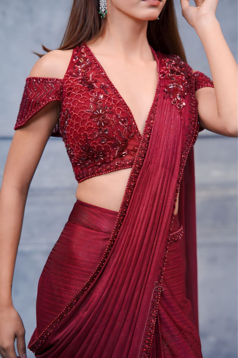 Bold Maroon Saree With Off Shoulder Glam