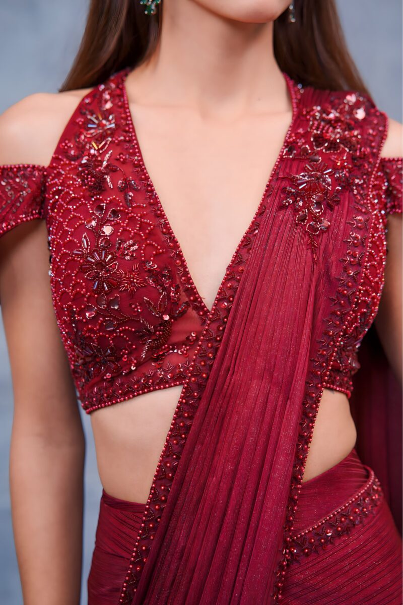 Bold Maroon Saree With Off Shoulder Glam
